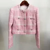 Rosa Plaid Woven Woolen Women Jacket Coat 2021 Höst Vinter Anpassad Tyg Diamant Knapp Kort Jackor Coats Kvinnor Hög kvalitet1