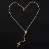 Colares com pingente!! Deusa católica de jesus 18k banhado a ouro na moda longo rosário colar para homens mulheres 4mm contas joias da moda.12942480