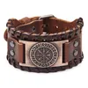 Charme pulseiras retro pulseira de couro viking para homens com odin símbolo de runas nórdica bússola