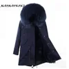 Marque Femmes Veste D'hiver Longue Doublure Amovible bleu marine Parkas Grand Vrai Fourrure De Raton Laveur À Capuche Manteau Outwear 201027