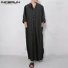 이슬람 남성 스트라이프 Jubba Thobe 패션 긴 소매 Abaya 캐주얼 포켓 이슬람 kaftan 두바이 사우디 아라비아 남자 robes가 5XL