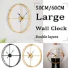 50 / 60cm grande horloge murale en métal de style campagnard double couche cadre en fer montre muette pour la maison moderne salon hôtel décor cadeaux 201118