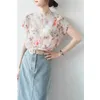여자 중국어 탑 레트로 짧은 소매 전통 스타일 레트로 꽃 블라우스 여름 실크 새틴 버클 민족 숙녀 셔츠