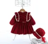 Bébé filles robe de fête de Noël enfants dentelle rouge falbala robes à manches volantes bébé Bow robe de princesse en velours filles 1er robe d'anniversaire A4867