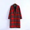 Women Vintage Winter Red Plaid Coat Long Woolen Single-breasted Female Wide-Waisted Wool Coats Jacket Parka 201102