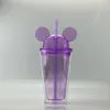 8colors 15oz 아크릴 텀블러 돔 뚜껑과 밀짚 더블 벽 맑은 플라스틱 텀블러 마우스 귀가 재사용 가능한 귀여운 음료 컵 사랑스러운 FY4301