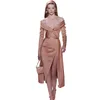 Moda Suknie wieczorowe Off-Shoulder V-Neck Długie Rękawy Zwyczajne Custom Custom Made Satin Sweep Długość Prom Dress Robe de Mariée