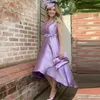 紫色の短い花嫁ドレスvネックノースリーブサテン高き母なる母スーツイブニングパーティーガウン