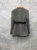 Novo design moda feminina com decote em v manga longa com cinto cintura fina preto branco xadrez grade tweed blazer de lã casaco plus size SMLXLXXL