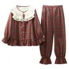 Mori Girl Pyjamas Set Ruffle Peter Pan Collar Medeltida Kvinnor Toppbyxor Renaissance Plaid Flare Sleeve Amerikanska NighGown PJS Y200708