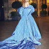 Encantador Arabia Saudita Cielo Azul Tafetán Tren largo Vestidos de noche Lazo grande Sin tirantes Fuera del hombro Una línea Abendkleider Vestido de fiesta de graduación