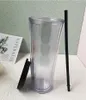 Clear 24oz Plastic Flat Lid Water Tumblers with Black Straw Double Wall Reusable Portable 710ml Office Coffee Mug 16oz Transparent Acrylic Drinking Cups DIY Custom