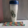 Starbucks 24OZ/710ml Plastic Tumbler Reusable Clear Drinking Flat Bottom Cup Pillar Shape Lid Straw Mug Bardian DHL UV machine printing does not fade