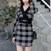 PERHAPS U Women Black White Houndtooth Plaid Tweed Mini Skirt Pencil 2 Two Pieces Set Elegant Sexy V Neck Top LJ201126