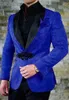 ANNIEBRITNEY New Royal Blue Men Suit Slim Fit Tuxedo Groom Suit Set Wedding Prom Blazer with Black Chinese Knot Buckle Pant 2Pcs1254U