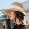 Gemvie yeni hasır şapka Kadınlar için kağıt dokuma geniş ağzına kadar güneş şapkası Lady moda şeridi bow plaj şapkası yaz açık güneş gölge şapkaları y200602