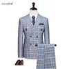 bleu clair overcheck plaine hommes costume Custom made Retro hommes mariage blazer costume 3pcs (veste + pantalon + gilet) 201106
