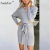 NADAFAIR lange mouw elegante tuniek trui jurk vrouwen casual sexy backless v nek bodycon warm gebreide jurk winter t200416