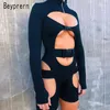 BeyPrarn Sexy Cut Out Turtleneck Unitard Gesp Jumpsuit Rompert Rungay Fluorescerende Geckle Dames Catsuits Training Overalls T200704