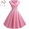 Pink Summer Dres V Neck Big Swing Vintage Robe Femme Elegant Retro pin up Party Office Midi es Plus Size 220215