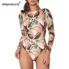 2020 Nuovo 1pc costume da bagno donna manica lunga costumi da bagno Surf costume da bagno diving vestito di nuoto stampa foglia costumi da bagno Beach Wear XL T200708