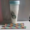 Starbucks 24OZ/710ml Plastic Tumbler Reusable Clear Drinking Flat Bottom Cup Pillar Shape Lid Straw Mug Bardian DHL UV machine printing does not fade