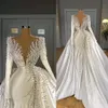 Luksusowe perły Syrenki Suknie ślubne z overkirt V Neck Satin z długim rękawem Suknie ślubne Elegancka suknia ślubna Rates de Mariée