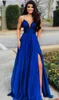 Sangles Sexy Spaghetti Sweetheart A-Line Jupe Split Plancher Longueur Longueur Royal Blue Chiffon Pageant Robe de la fête du bal