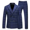 Herrdräkt Set Business Formal Wedding Dress Groom BlueTuxedo Slim Fit Double Breasted Grid Man Suit Set Menjacket Pents VE308K