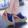 MVVJKE Sandalias Plataforma Summer Shoes Woman Bohemia Rainbow High Heel Slip on Peep Toe Platform Wedges Y200423