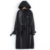 Lautaro preto longo couro trench casaco com capô de manga longa cinto 6xl 7xl plus size mulheres primavera outono pu jaqueta de couro 201030
