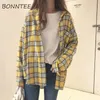 Nuevas camisas de bolsillo a cuadros Casual Loose Chic Mujeres Daily Retro Fashion Womens Batwing Sleeve All-match Korean Style Student Summer T200321
