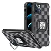 Magnetic Holder PU Läder Grid Telefon Fodraler för iPhone 11 12 Mini 13 Pro Max XR XS 7 8 Plus Shocksäker Soft TPU Ring Stativ Cover