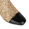 أحذية الأزياء بلينغ المرأة الركبة عالية كعب سميك سستة السيدات طويلة الشتاء الأسود الفضة الذهب حجم كبير 431