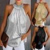 Mulheres Blusa de Ouro 2020 Nova Moda Alto Pescoço Sleeveless Chutler Tanque Top Colete Verão Casual Blusa Solta Camisa Tee H1230