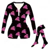 Valentines Day Jumpsuits Suit For Women Rompers 2023 Sexy V Neck Printed Bodysuits Long Sleeve Shorts And Sock Onesies Pajams Ladies Homewear S-XXL