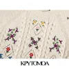 KPYTOMOA Kvinnor Fashion Floral broderi beskuren stickad tröja vintage o hals kort ärm kvinnliga tröjor chic toppar 210203