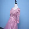 Pink Evening Dresses 3/4 Sleeves Appliques A Line Formal Party Gowns Long Prom Dress 2020 vestido