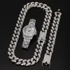 Hip Hop Bling Chain Cuban Link Oro Plata Reloj Collar Pulsera Conjunto Joyas Hombres Iced Out Diamond Miami