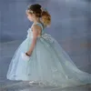 Bleu clair Princesse Fleur Filles Robes Ruché Tulle Première Communion Robe Mignon Dentelle Appliqued Sans Manches Sur Mesure Enfants Pageant Robe