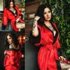 Sexy Women Lady Lingerie Satin Silk Lace Patchwork Gown Bathrobes Long Nightdress Red Bridal Kimono Robe with Belt