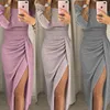 Casual Dresses Elegant Evening Formell 2021 Kvinnors Hip-Covered Slit One-Line Collar Dress Mousserande Middag Designer Wwomens