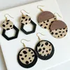 Splicing Wood Genuine Leather Earrings for Women Horse Hair Leopard Cow Color Round Pendant Dangle Earrings Fashion Jewelry