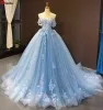 NOWY! Lekkie Niebieskie Zroszony Quinceanera Suknie Off The Ramię Koronki Appliqued Prom Dress Tulle Lace Up Back Princess Suknie Wieczorowe