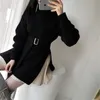 Elegant tunika bältesvingad klänning Kvinnor Autumn Winter Sweater Dress Fashion Korean Turtleneck Side Split Pullover Dress Vestido 201110