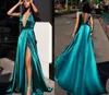 Blue PEAM klänningar Modest Designer Satin Deep V Neck High Slitt Rand Sweep Train Custom Made Formal OCN Aftonklänningar