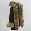 Oftbuy jaqueta longa de inverno feminina, casaco de pele de raposa real, gola de pele de guaxinim natural, capuz, grosso, quente, moda urbana