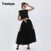 Treutoyeu Vintage Gothic Zwart Wit Geplooide Lange Tule Rok Tutu Femme Hoge Taille Runway Zachte Mesh Rokken Jupe 220224