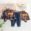 Baby Boys Girls Clothes Set Children Infant Fashion Cool Outfits New Spring Autumn Toddler Plaid Letter Long Sleeve Shirt+Jeans Y220310