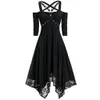 Gothic Women Black Goth Off Shoulder Lace Patchwork Punk Rock Cross Strap Plus Size Sexy Vintage Midi Dress 200929